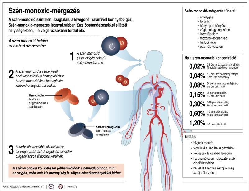 Szén-monoxid-mérgezés; A szén-monoxid hatása az emberi szervezetre; Szén-monoxid-mérgezés tünetei; egyes szén-monoxid koncentrációk hatásai; betegellátás
