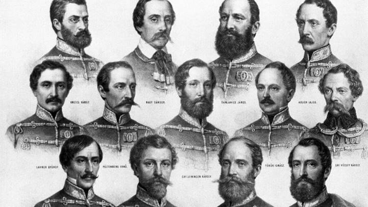Barabás Miklós litográfiája, a tizenhárom aradi vértanúról: Knezich Károly, Nagysándor József, Damjanich János, Aulich Lajos, Láhner György, Poeltenberg Ernő, gr. Leiningen Károly, Török Ignác, gr. Vécsey Károly, Kiss Ernő, Schweidel József, Dessewffy Arisztid és Lázár Vilmos (Fotó: MTI/reprodukció)