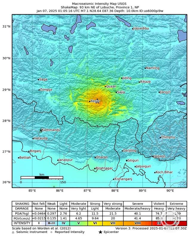 Tingri megye, 2025. január 7. Az amerikai földtani intézet (USGS) térképén színfolt jelöli a 2025. január 7-én bekövetkezett, 6,8-as erejű földrengés által leginkább érintett területet, a délnyugat-kínai Tibeti Autonóm Területen fekvő Tingri megyét. A földmozgás epicentruma 10 kilométer mélyen volt. A rengéseket Nepálban, Bhutánban és Észak-Indiában is érezni lehetett. MTI/EPA/USGS