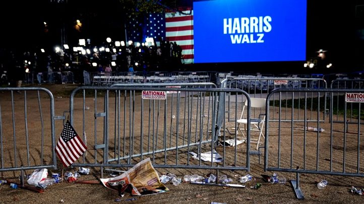 Washington, 2024. november 6.Üres a Kamala Harris amerikai alelnök, a Demokrata Párt jelöltje eredményvárójának helyszíne, a washingtoni Howard Egyetem udvara 2024. november 6-án hajnalban, mert a támogatókkal közölték: Harris nem tart beszédet az elõzõ napi amerikai elnökválasztás után.MTI/AP/Susan Walsh