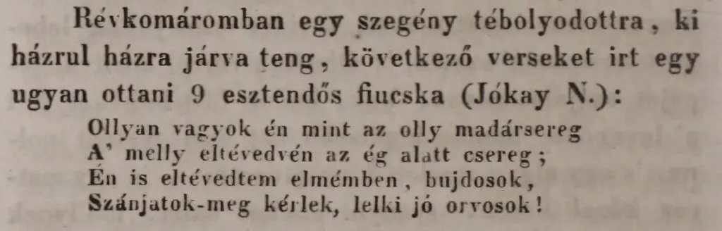Egy négysoros vers A város bolondjáról a Helmeczy Társalkodó-ja 1834/54. számában