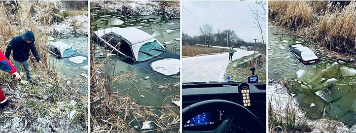 Egy személygépkocsi sofőrje elvesztette uralmát a jármű felett, letért az úttestről, majd a Vérke folyóba hajtott. Fotó: Beregszászi Mentőállomás