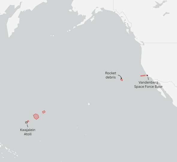 A Minuteman III interkontinentális ballisztikus rakéta a kaliforniai Vandenberg légibázisról emelkedett a levegőbe, és a Csendes-óceán középső részén található Marshall-szigeteknél, a Kwajalein-atollon közelében csapódott be (Kép forrása: Newsweek)