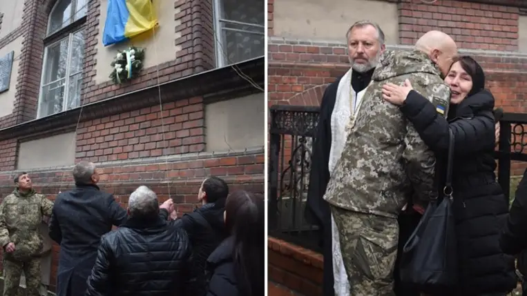 Az orosz–ukrán háborúban elhunyt Szerhij Kucnak avattak emléktáblát a Platán-líceum falán. Fotó: Facebook