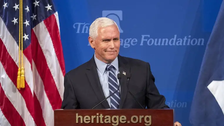 Mike Pence volt amerikai alelnök beszédet mond a Heritage Foundation nevű amerikai konzervatív alapítványnál Washingtonban 2021. július 14-én (Fotó: MTI/EPA/Shawn The)