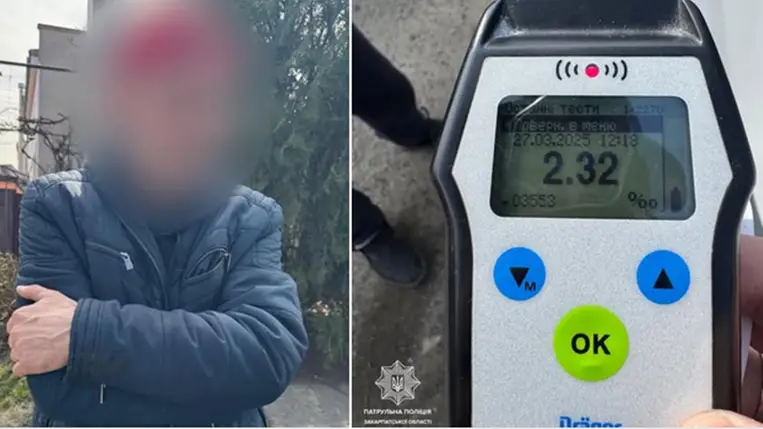 Ittas vezetés és szabályszegés – A Dräger teszt 2,32 ezrelék alkoholszintet mutatott ki, ami több mint 11-szerese a megengedett határértéknek.. Fotó: Kárpátaljai Járőrszolgálat