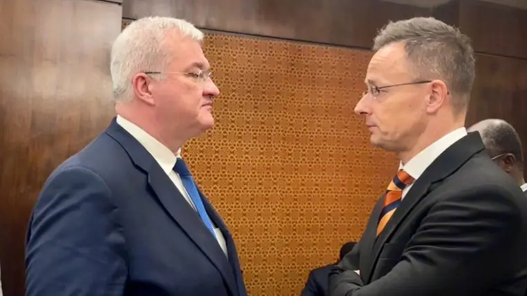 Szijjártó Péter magyar külügyminiszter és Andrij Szibiha ukrán külügyminiszter indiai találkozója (Fotó: X)