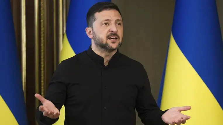Volodimir Zelenszkij ukrán elnök sajtótájékoztatót tart Kijevben 2025. május 13-án (Fotó: MTI)