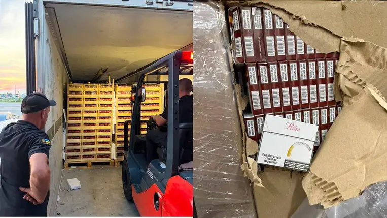 Eperszállítmány mögé rejtettek 360 ezer doboz cigarettát – több mint 19 millió hrivnyás csempészárut foglaltak le. Fotó: DPSZU