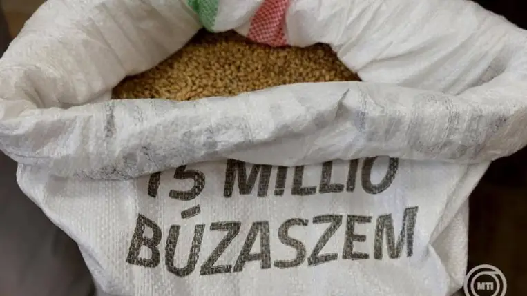 Búzazsák a Magyarok Kenyere - 15 millió búzaszem program búzagyűjtésének nyitó sajtótájékoztatóján a Hangonyi Nonprofit Közösségi Térben 2026. június 29-én. MTI/Vajda János