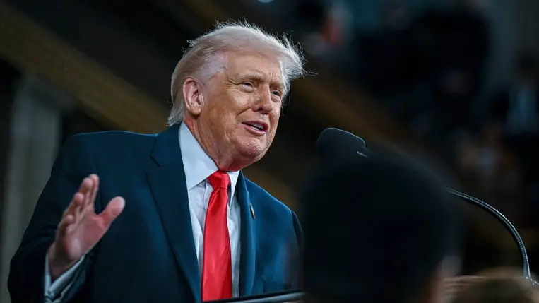 Donald Trump amerikai elnök évértékelő beszédét tartja a washingtoni Capitoliumban 2026. február 24-én (Fotó: MTI/AP/Pool The New York Times/Kenny Holston)