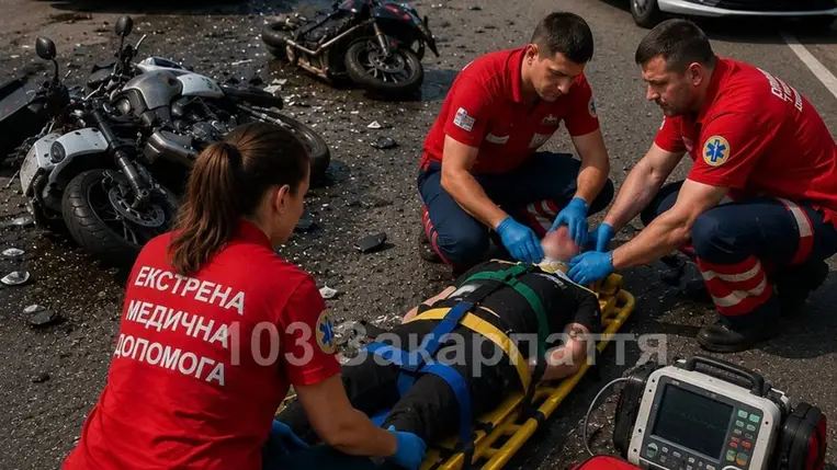 Három mentőegységet riasztottak, miután két motorkerékpár ütközött össze a Beregszászi járásban. A balesetben három fiatal férfi sérült meg. Fotó: facebook.com/103zakarpat