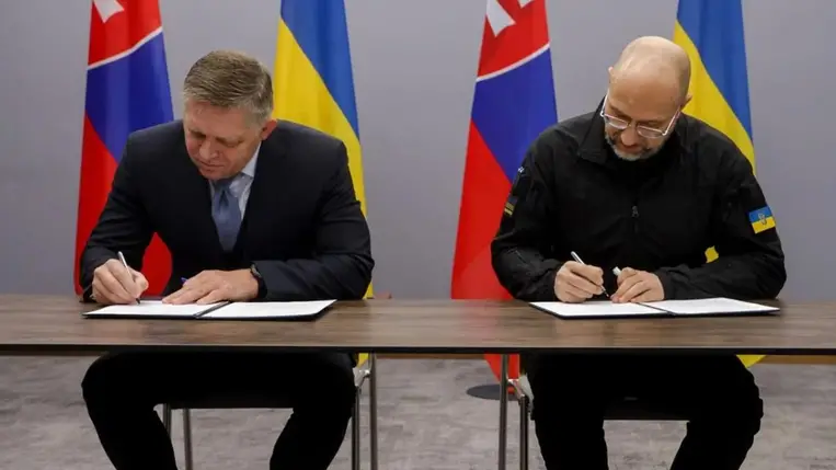Denisz Smihal ukrán miniszterelnök és Robert Fico szlovák kormányfő. Fotó: t.me/Denys_Smyhal