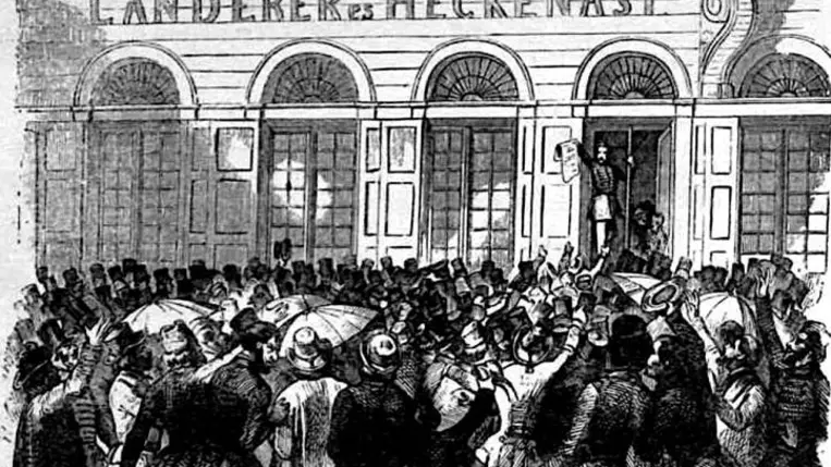 A szabad sajtó első nyomtatványainak kiosztása 1848. március 15-én Pesten (Egykorú rajzok után)