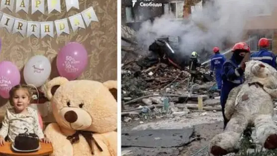 A kislány második születésnapján készült fotója (bal oldalt), illetve a rakétatámadás után készült kép. Forrás: X.com.