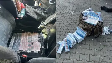 Több mint ezer doboz cigarettát rejtett mikrobuszába egy ivano-frankivszki férfi a nevetlenfalui határátkelőn. Fotó: DPSZU