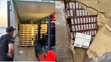 Eperszállítmány mögé rejtettek 360 ezer doboz cigarettát – több mint 19 millió hrivnyás csempészárut foglaltak le. Fotó: DPSZU