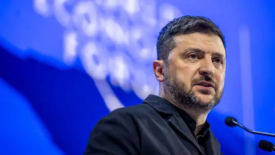 Volodimir Zelenszkij ukrán elnök felszólal az 56. Világgazdasági Fórumon a svájci Davosban 2026. január 22-én. (Fotó: MTI/EPA/Keystone/Gian Ehrenzeller)