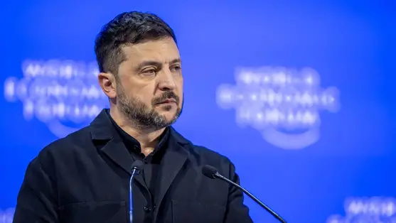 Volodimir Zelenszkij ukrán elnök felszólal az 56. Világgazdasági Fórumon a svájci Davosban 2026. január 22-én (Fotó: MTI/EPA/Keystone/Gian Ehrenzeller)