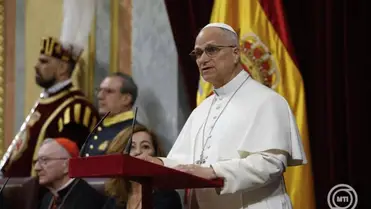 Madrid, 2026. június 8. XIV. Leó pápa a spanyol parlament alsóházának madridi üléstermében beszél 2026. június 8-án. MTI/EPA/EFE pool/J. J. Guillen