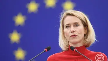 Kaja Kallas, az Európai Unió kül- és biztonságpolitikai főképviselője sajtóértekezletet tart az Európai Parlament strasbourgi épületében 2026. június 16-án. MTI/EPA/Olivier Matthys