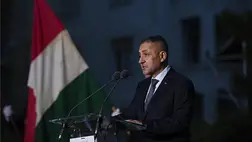 Potápi Árpád János nemzetpolitikáért felelős államtitkár beszédet mond az 1956-os forradalom és szabadságharc 66. évfordulója alkalmából tartott megemlékezésen a Bem téren 2022. október 22-én. MTI/Kovács Tamás