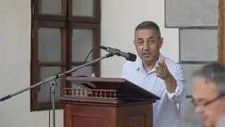 Potápi Árpád János, a Miniszterelnökség nemzetpolitikáért felelős államtitkára beszédet mond a Gombaszögi Nyári Tábor megnyitóján a felújított Andrássy-kúria előtt a felvidéki Szalóc (Slavec) közelében 2023. július 12-én. MTI/Komka Péter