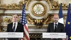 Párizs, 2025. január 8. Jean-Noël Barrot francia külügyminiszter (jobb) és amerikai hivatali partnere, Antony Blinken sajtóértekezletet tart Párizsban 2025. január 8-án. MTI/EPA-AP pool/Thibault Camus