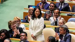 Annalena Baerbock volt német külügyminiszter az ENSZ Közgyűlésének elnökévé választása után a világszervezet New York-i székházában 2025. június 2-án (Fotó: MTI/AP/Richard Drew)