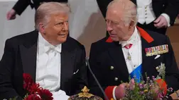 Donald Trump amerikai elnök III. Károly brit király társaságában a tiszteletére adott díszvacsorán a windsori kastélyban 2025. szeptember 17-én (Fotó: MTI/AP/PA pool/Yui Mok)