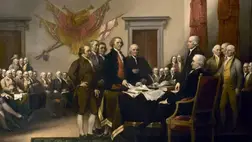 John Trumbull híres festménye arról a pillanatról, amikor egy öttagú bizottság a Kongresszus elé tárja a függetlenségi nyilatkozat szövegét. A kép részlete. (Forrás: Wikipédia)