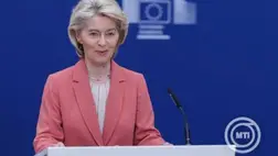 Ursula von der Leyen, az Európai Bizottság elnöke sajtóértekezletet tart az Európai Unió és a dél-amerikai Mercosur szabadkereskedelmi övezet tagállamai közötti megállapodás fejleményeiről Brüsszelben 2026. február 27-én. MTI/EPA/Olivier Matthys
