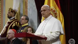 Madrid, 2026. június 8. XIV. Leó pápa a spanyol parlament alsóházának madridi üléstermében beszél 2026. június 8-án. MTI/EPA/EFE pool/J. J. Guillen