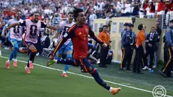 Ferran Torres, a spanyol válogatott játékosa ünnepli csapata első gólját a Spanyolország–Argentína döntőn a 2026-os labdarúgó-világbajnokság fináléjában a New York/New Jersey Stadiumban, East Rutherfordban 2026. július 19-én. Fotó: David Ramos / Getty Images
