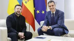 Pedro Sánchez spanyol miniszterelnök (j) és Volodimir Zelenszkij ukrán államfő megbeszélést folytat a madridi kormányfői hivatalban, a Moncloa-palotában 2026. március 18-án. MTI/EPA/EFE/Chema Moya