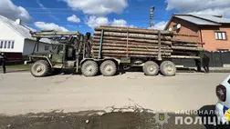 Illegális rönkfával buktak le Kárpátalján. A rönkfa szállítmányt és a teherautót lefoglalták. Fotó: Nemzeti Rendőrség