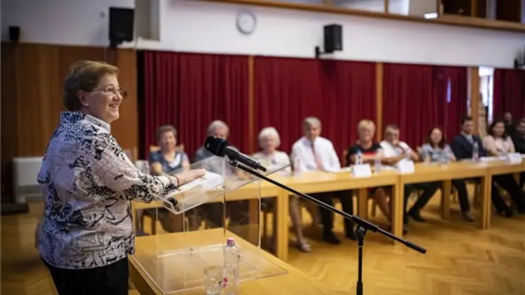 Szili Katalin miniszterelnöki főtanácsadó előadást tart a Kárpát-medencei Magyarság Evangelizációjáért Alapítvány konferenciáján a Szent Atanáz Görögkatolikus Hittudományi Főiskolán Nyíregyházán 2023. szeptember 16-án. MTI/Balázs Attila