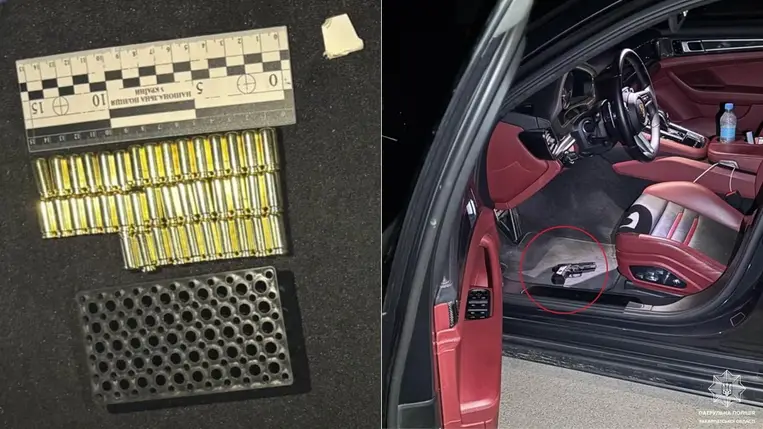 A kárpátaljai rendőrök elkaptak egy szabályszegő sofőrt, aki hamis rendszámmal és fegyverrel közlekedett Ungváron. Fotó: Kárpátaljai Járőrszolgálat