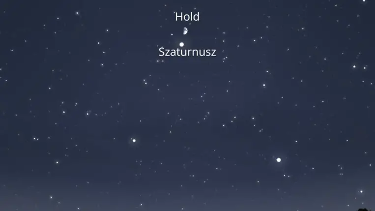 Szombat este 18:00-kor már láthatjuk a Hold- és a Szaturnusz együttállását a déli égbolton. A hosszú éjszakának köszönhetően egész este gyönyörködhetünk az égi párosban. FORRÁS: Stellarium-web.org