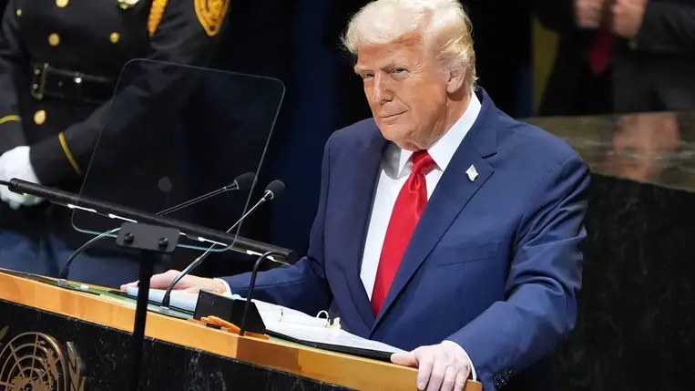 Donald Trump amerikai elnök felszólal az ENSZ-közgyűlésben New Yorkban 2025. szeptember 23-án (Fotó: MTI/AP/Evan Vucci)