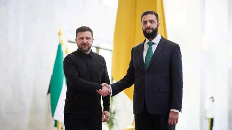 Volodimir Zelenszkij és Ahmed es-Saraa találkozója Damaszkuszban 2026. április 5-én Fotó: Ukrainian Presidential Press Ser / Reuters