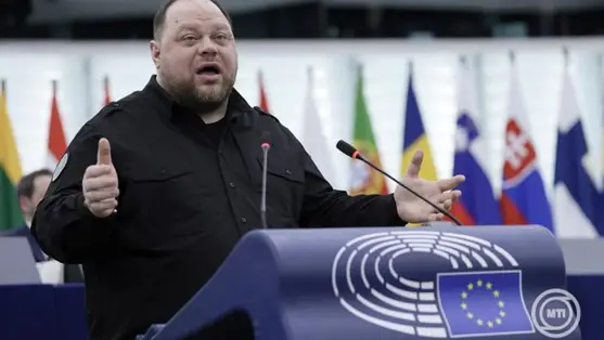 Ruszlan Sztefancsuk, az ukrán parlament elnöke felszólal az Európai Parlament plenáris ülésén Strasbourgban 2025. február 11-én. MTI/EPA/Ronald Wittek