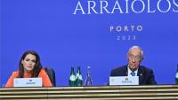 Novák Katalin köztársasági elnök beszél, mellette Marcelo Rebelo de Sousa portugál elnök az Arraiolos-csoport konfereciáját követő sajtótájékoztatón Portóban 2023. október 6-án. MTI/Bruzák Noémi